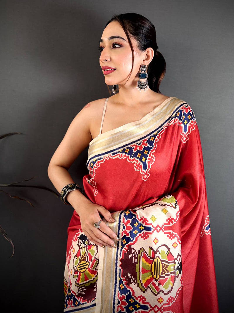 Red Patola Print Soft Kanchi Silk Saree
