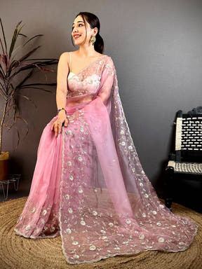 Pink Pearl Sequin Embroidered Organza Saree