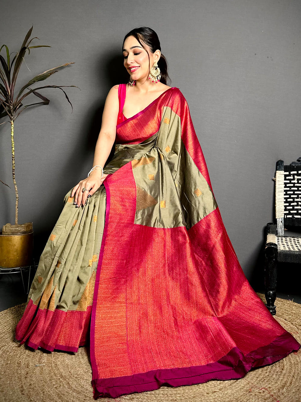 Olive Green Soft Silk Kanjivaram Saree