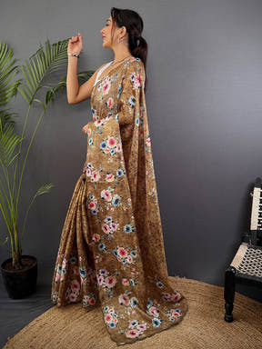 Brown Floral Cut Work Kota Saree