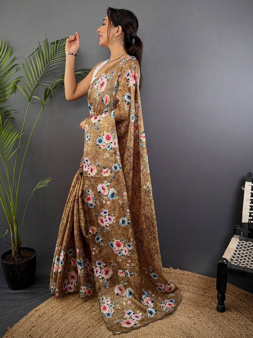 Brown Floral Cut Work Kota Saree