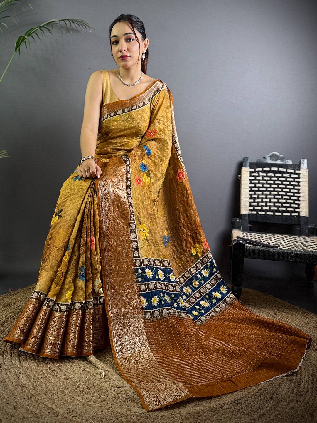 Honey Yellow Floral Printed Viscose Saree