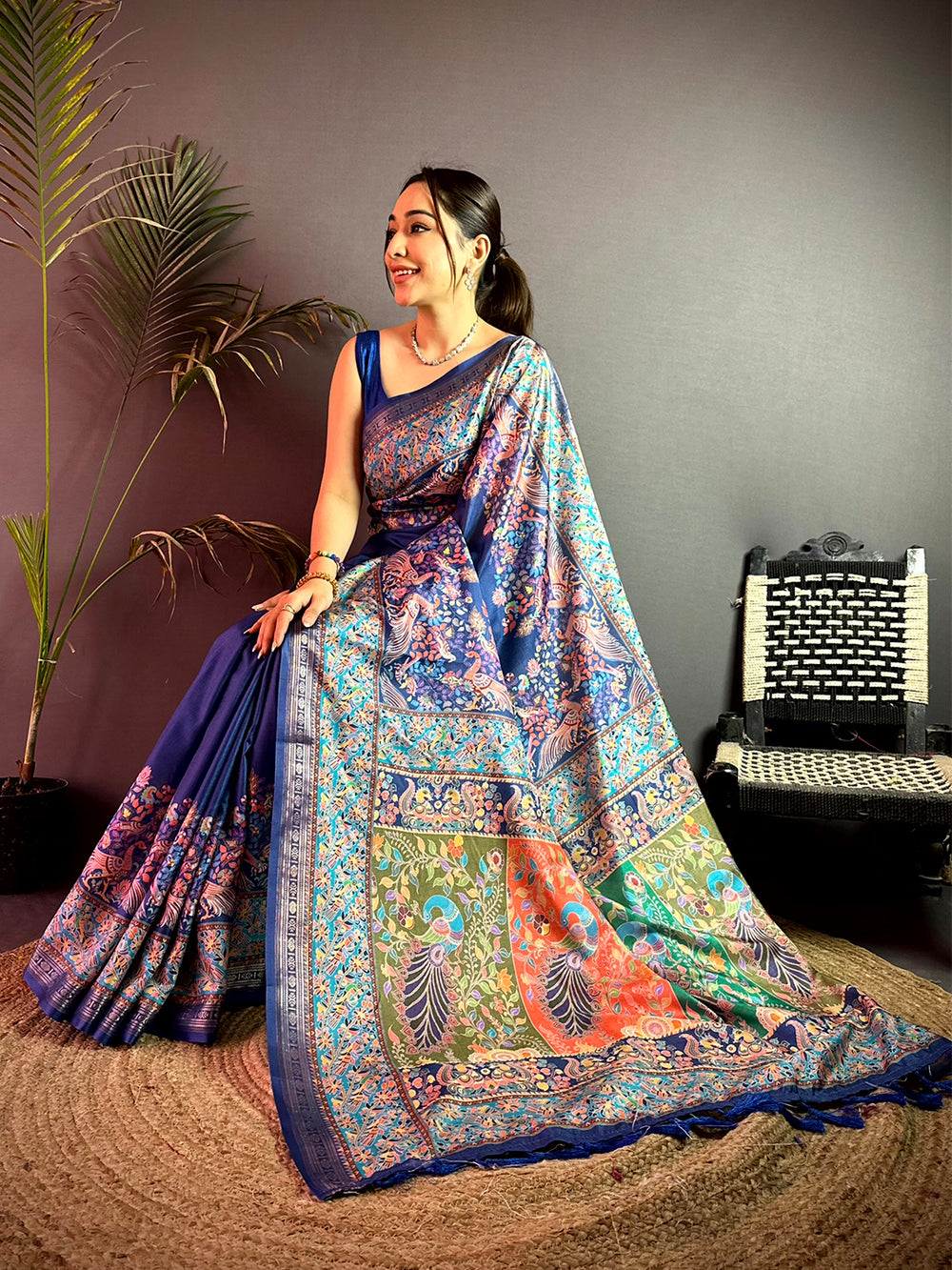 Royal Blue Kashmiri Kalamkari Soft Silk Saree


