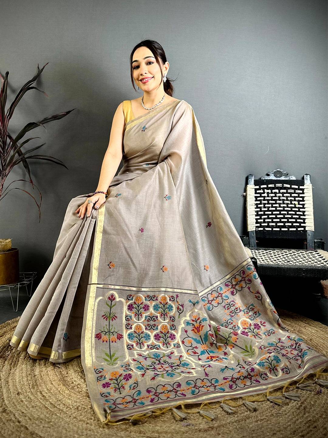 Cream Minakari Khadi Cotton Saree