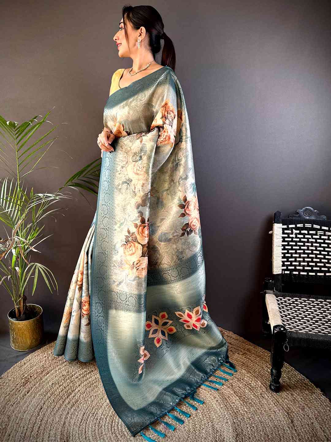 Blue Slub Ghicha Zari Pallu Saree 