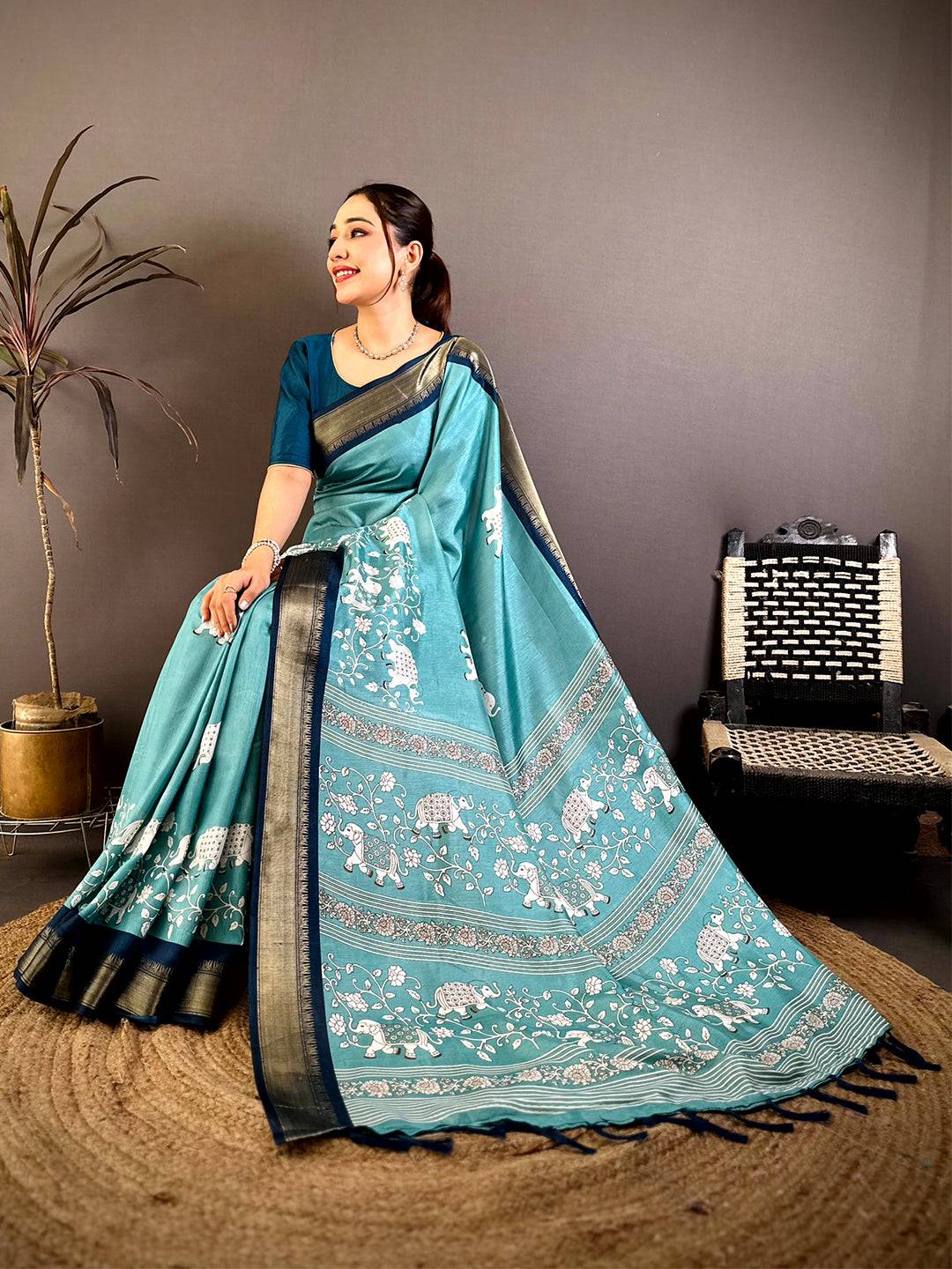 Aqua Soft Dola Block Kalamkari Zari Saree