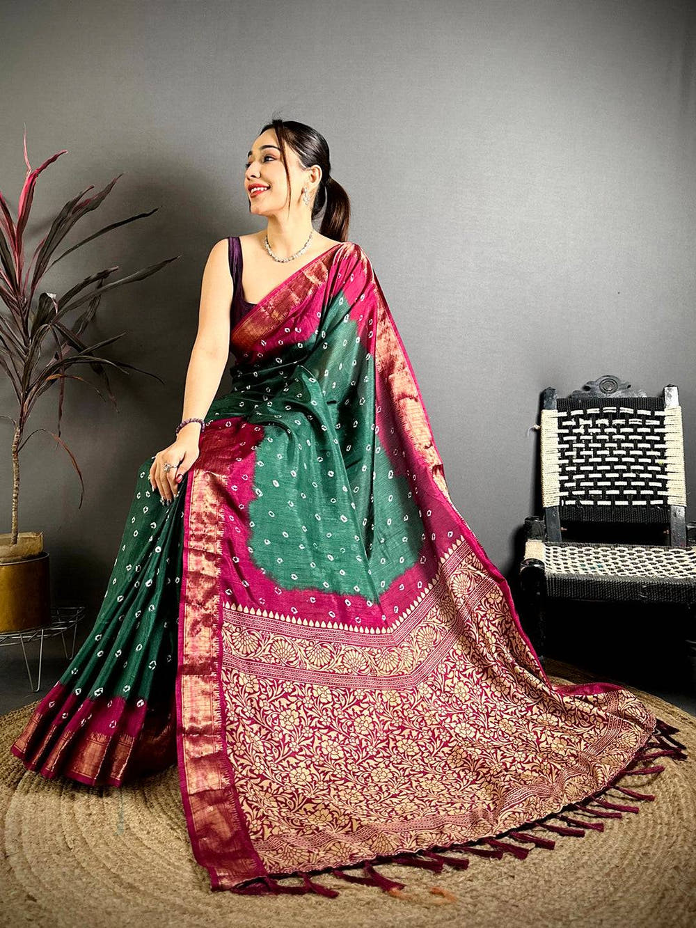 Green Bandhej Printed Dola Silk Saree