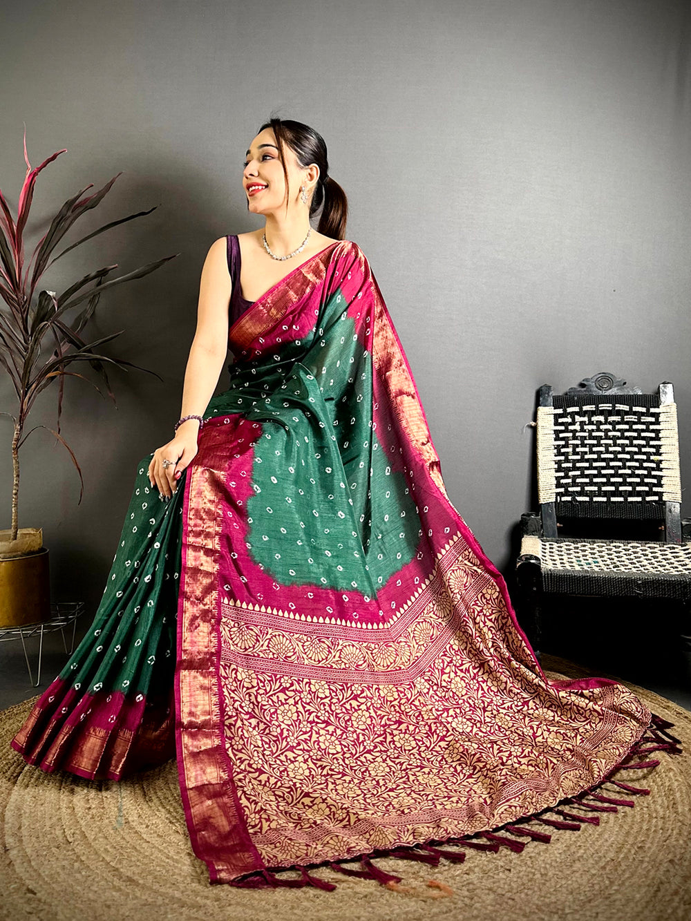 Green Bandhej Printed Dola Silk Saree