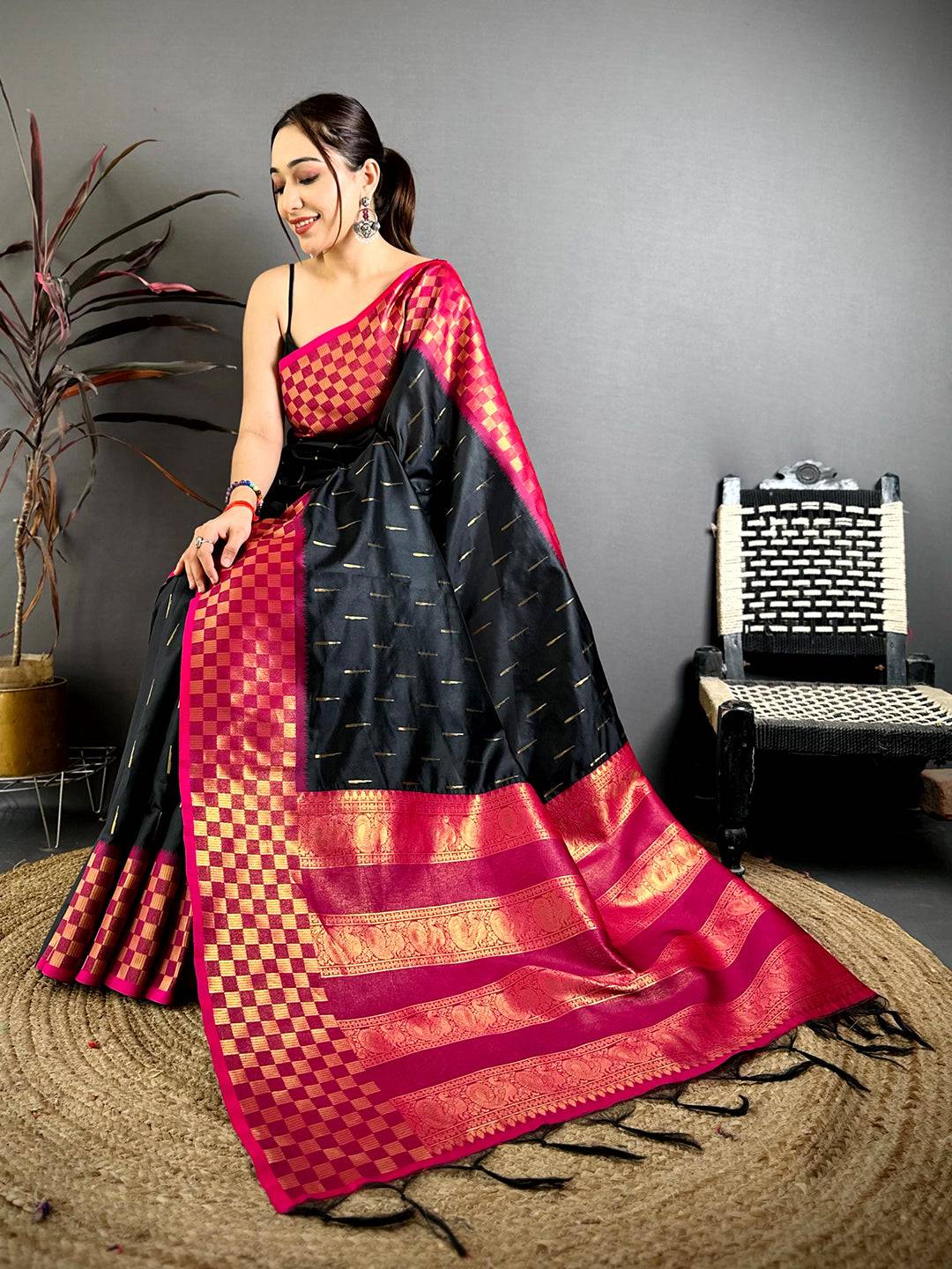 Black Soft Katan Silk Gold Zari Weave Saree
