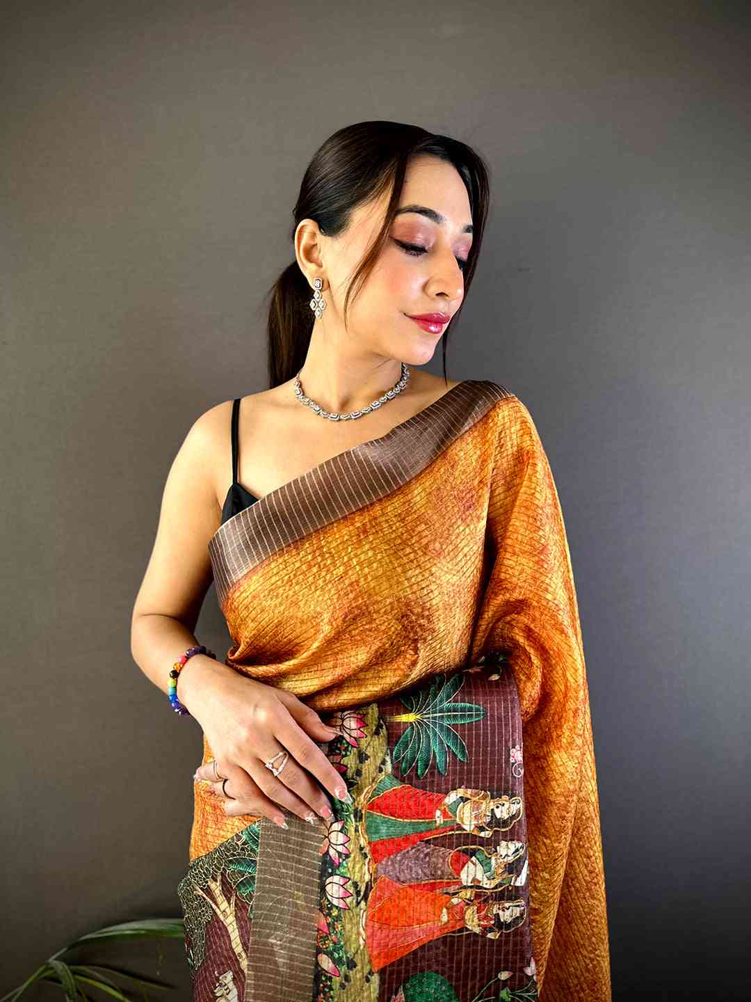 Mustard Kalamkari Pichwai Black Check Saree
