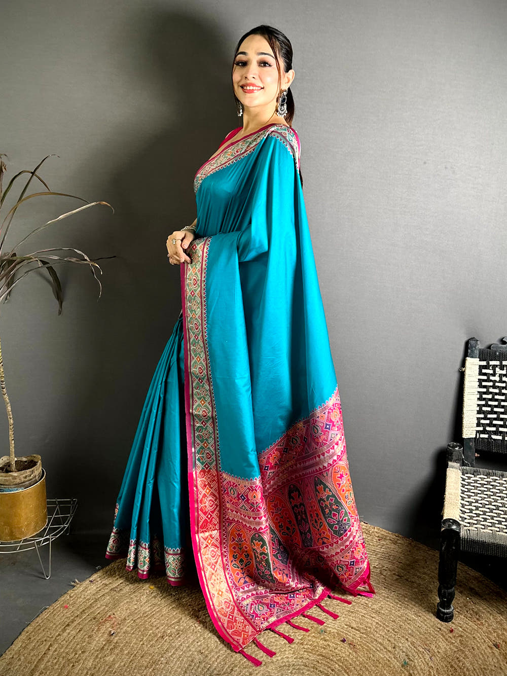 Sky Blue Soft Silk Pochampally Ikkat Minakari Saree