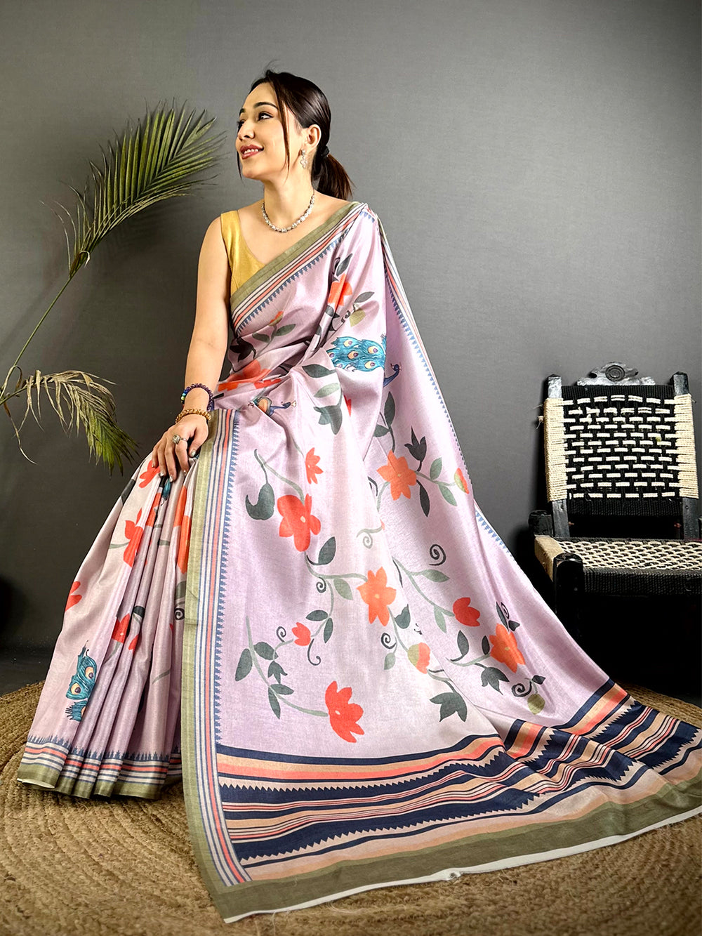 Lavender Floral Tussar Ikkat Border Saree