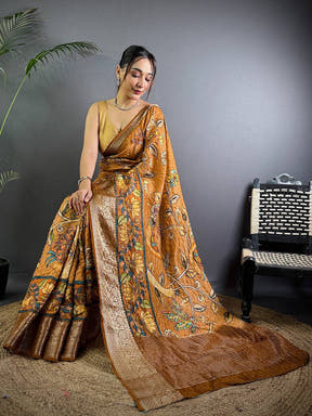 Bronze Kalalmkari Printed Viscose Saree