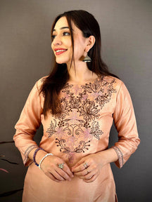Classic Round Neck Ari Work Cotton Kurti