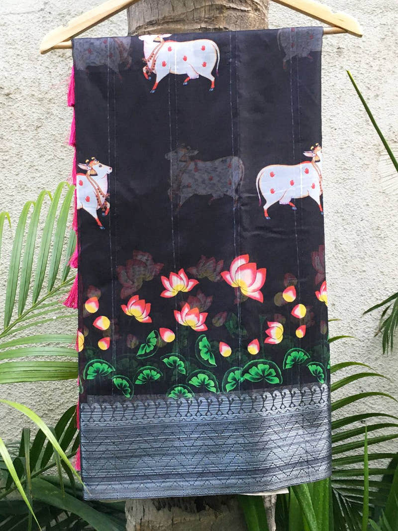 Revan Black Organza Pichwai Print Saree