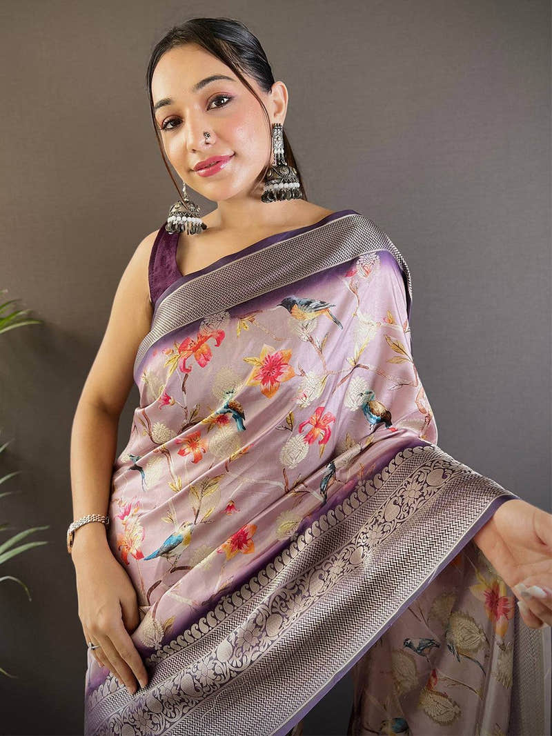 Aster Floral Birds Print Saree
