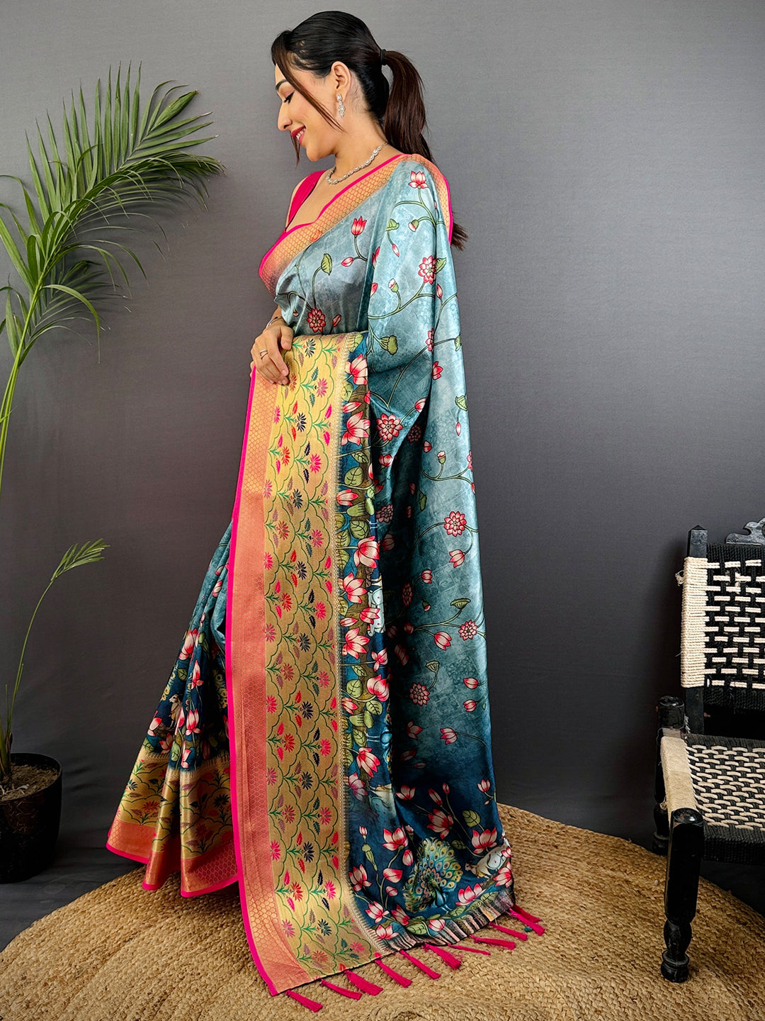 Teal Freehand Digital Print Soft Silk Saree