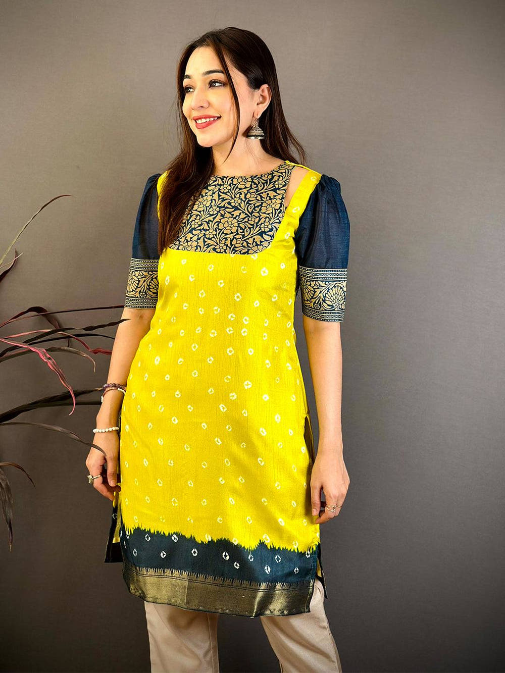 Yellow Soft Dola Silk Boat Neck Kurti
