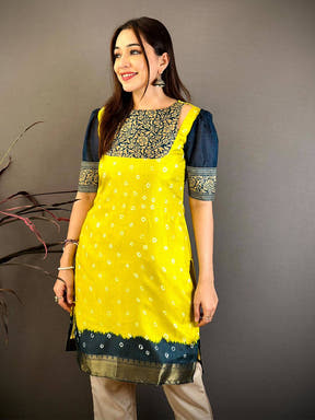Yellow Soft Dola Silk Boat Neck Kurti