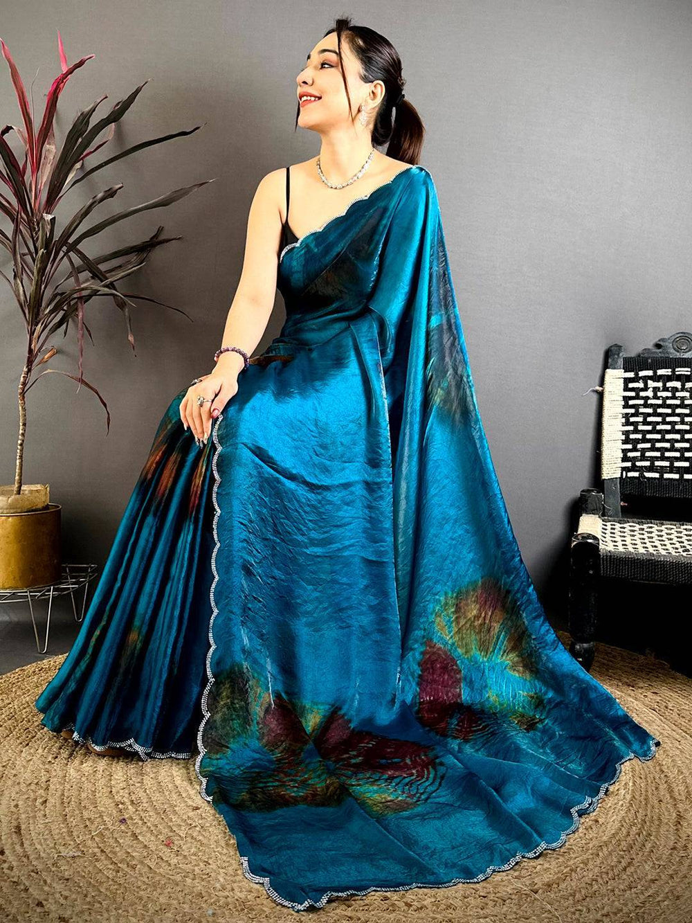 Navy Shibori Satin Tissue Saree