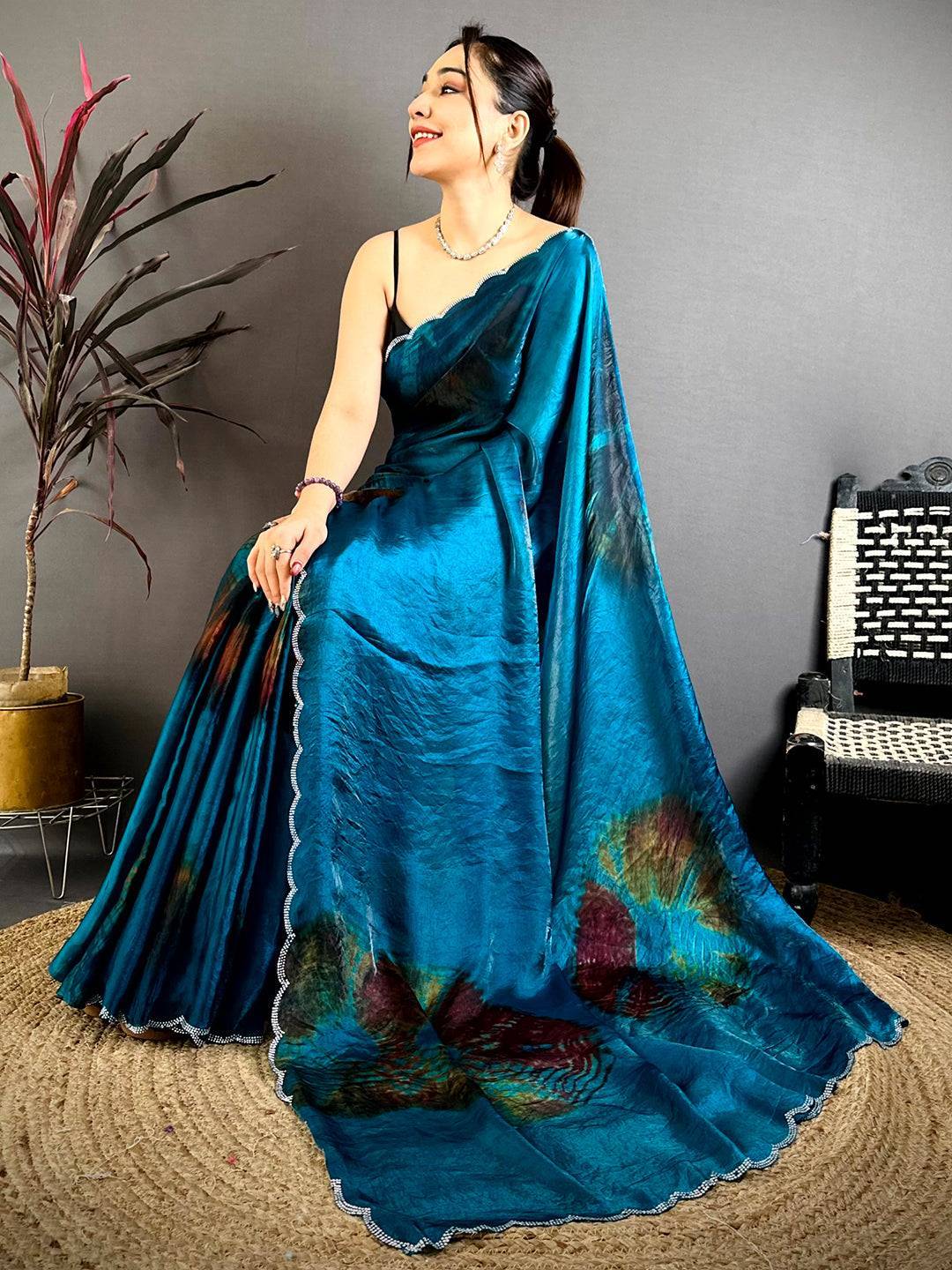 Navy Shibori Satin Tissue Saree