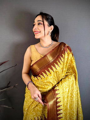 Yellow Pearl Ikkat Dola Silk Saree