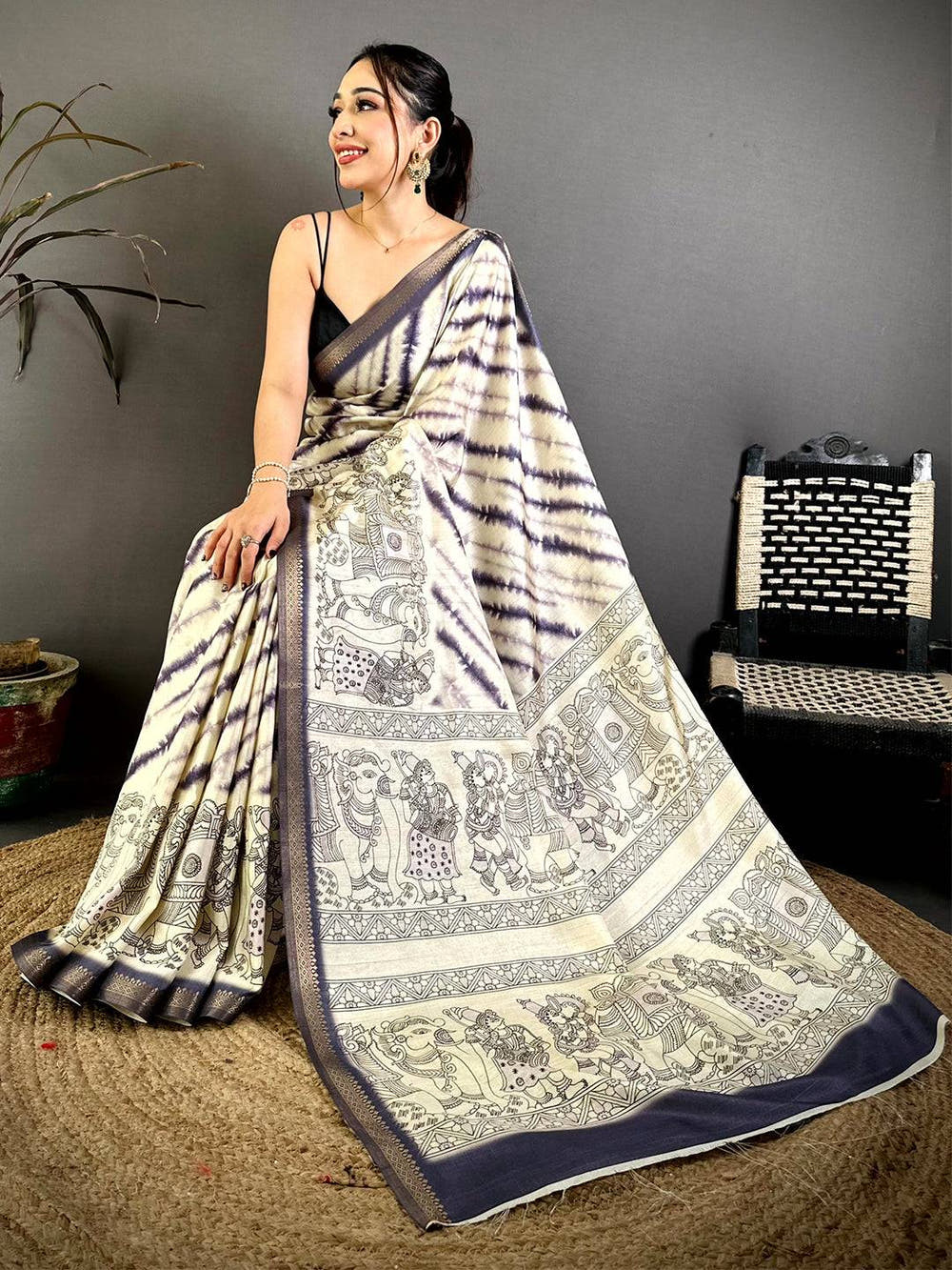 Purple Leheriya Tussar Silk Kalamkari Border Saree
