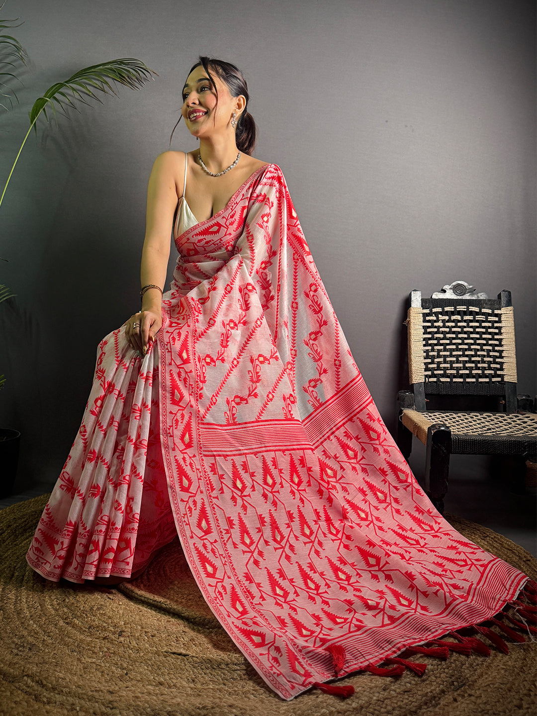Red Cotton Silk Dhakai Jamdani Saree