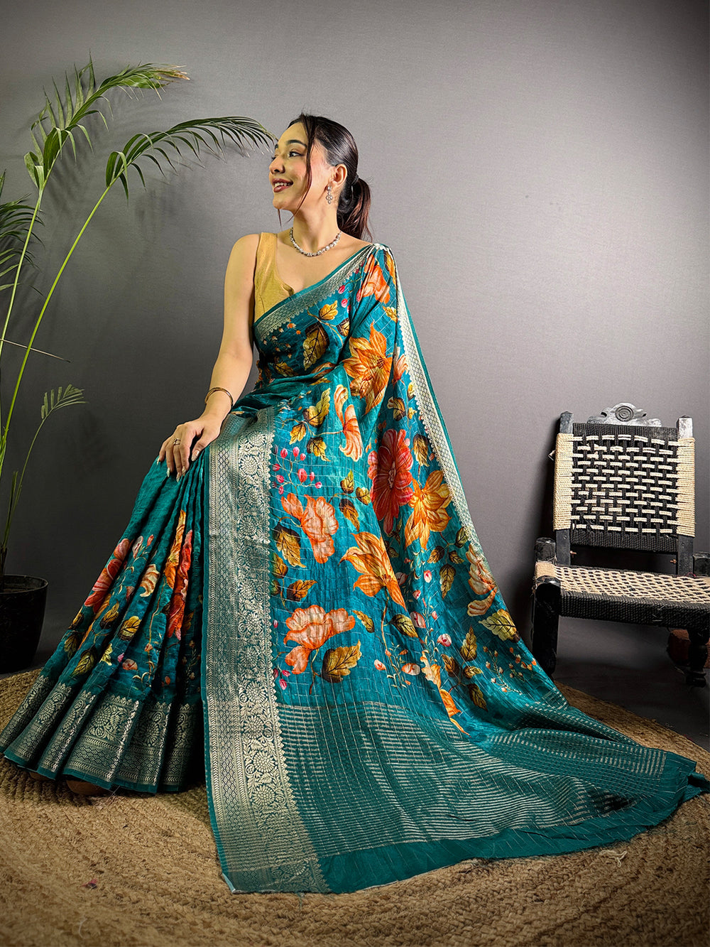 Teal Blue Pure Viscose Kalalmkari Print Saree