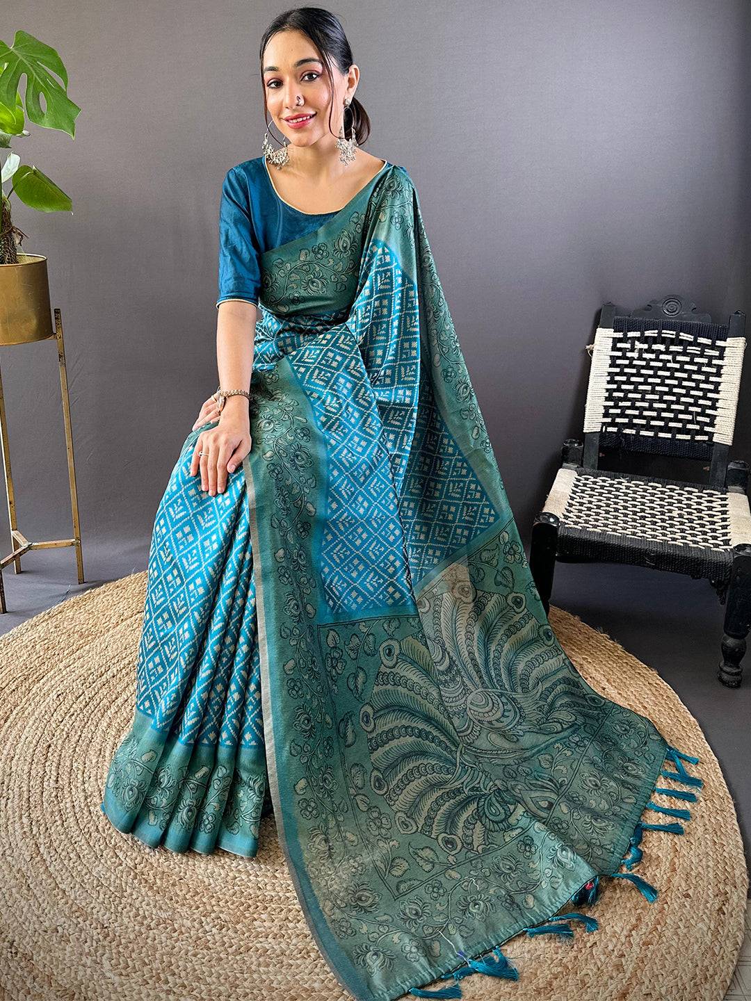 Teal Patola Kalamkari Saree