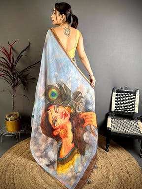 Sky Blue Pen Kalamkari Linen Saree


