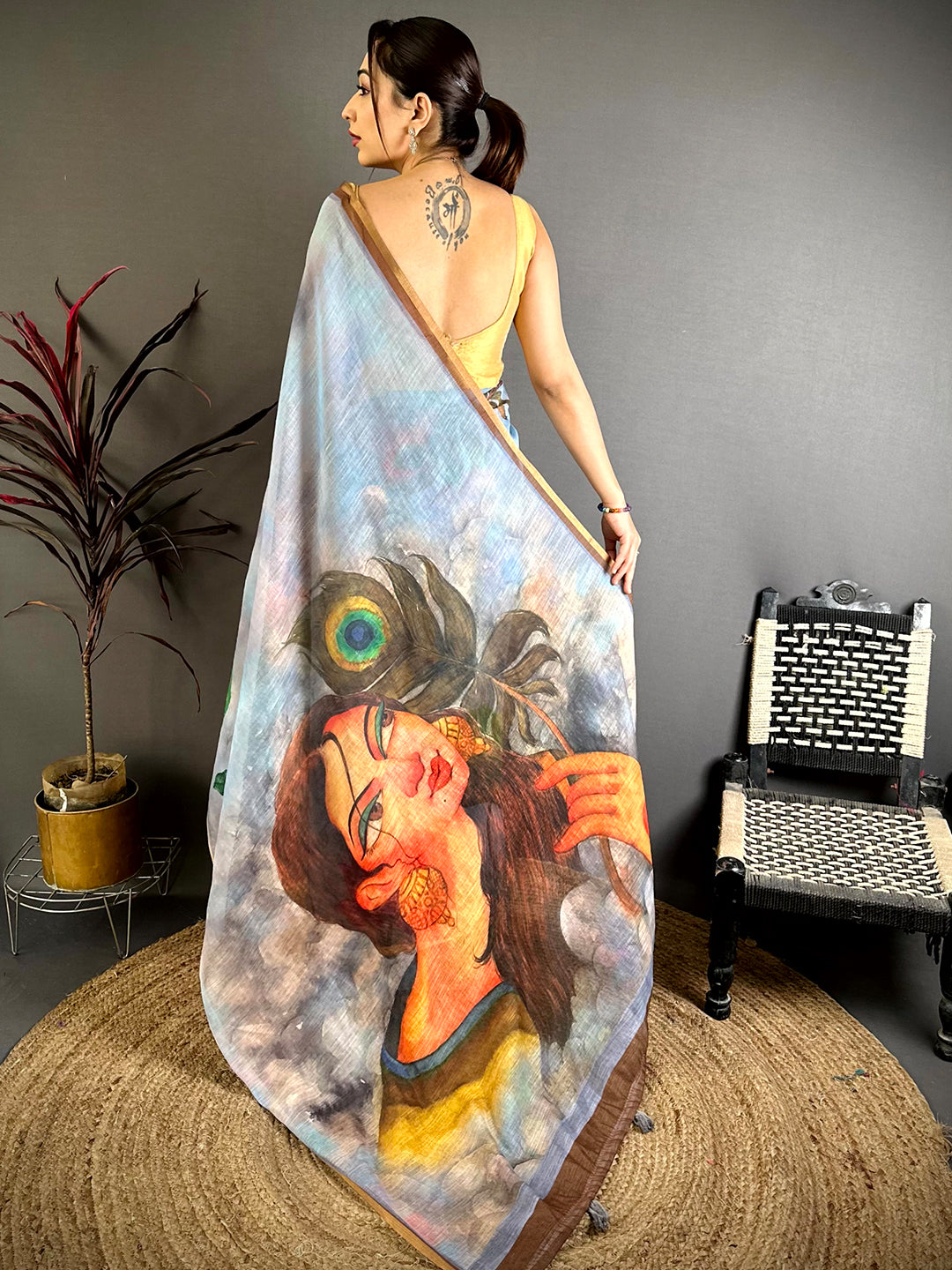 Sky Blue Pen Kalamkari Linen Saree


