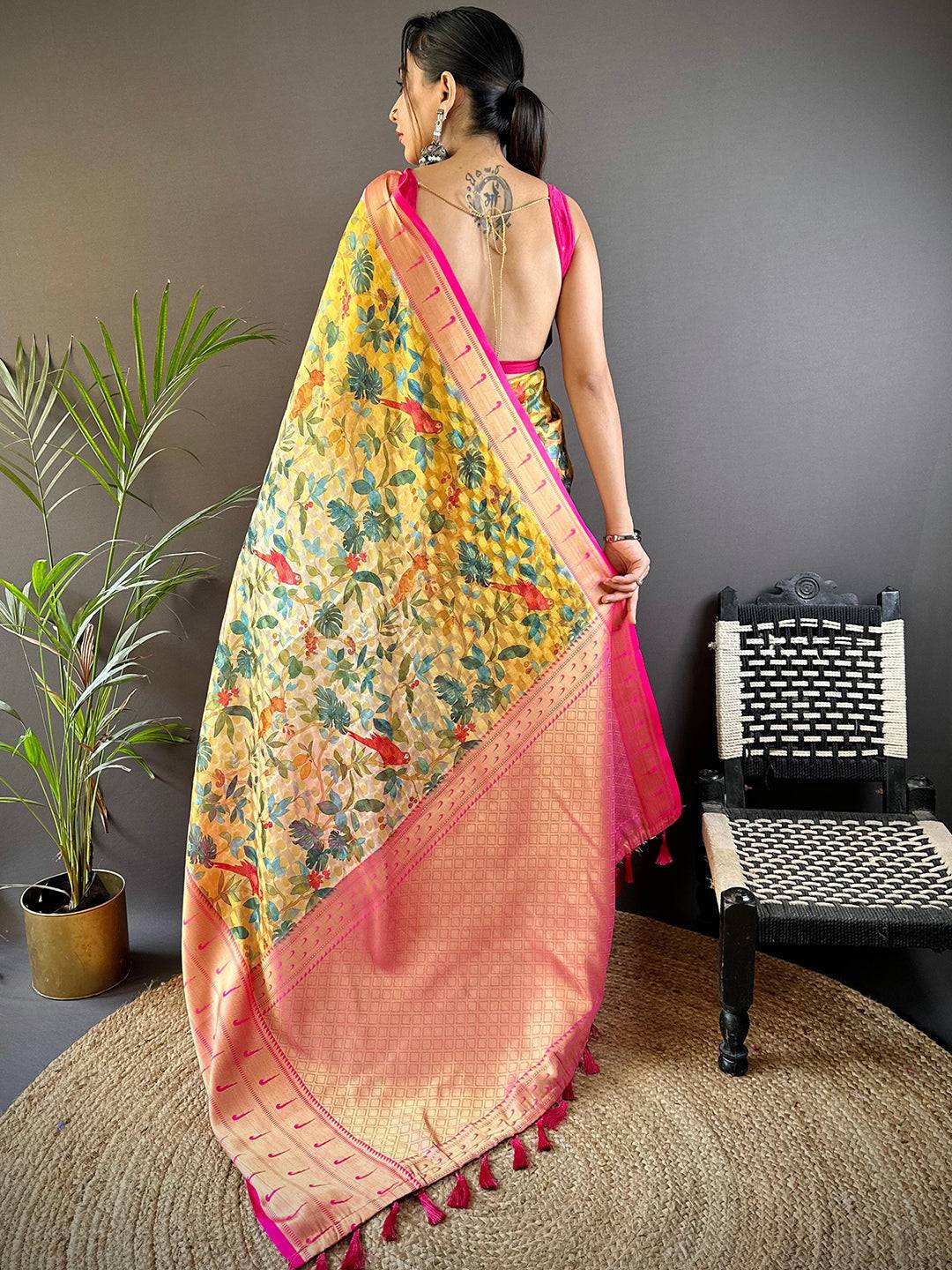Yellow Floral Paithani Kora Silk Saree
