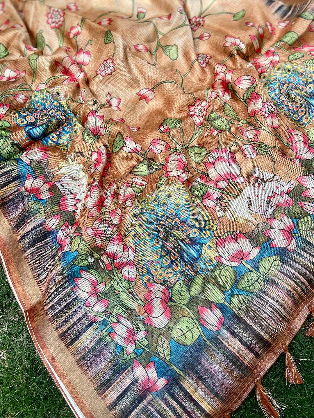 Soft Kota Doriya Silk Saree with Pichwai Prints & Rich Pallu