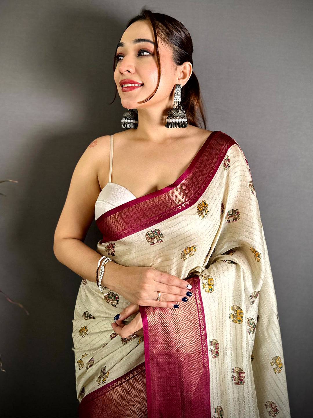 Classic Ajrakh Block Kalamkari Dola Saree