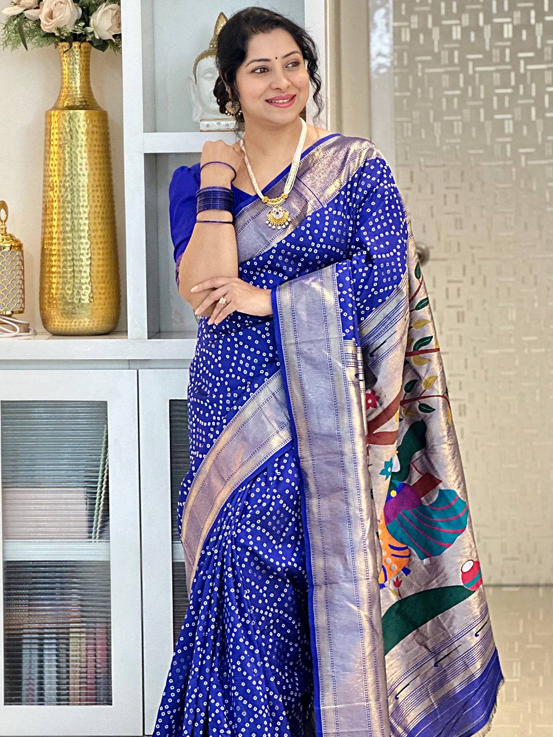 Blue Colour Soft Silk Saree With Bandhej Weaving And Rich Pallu