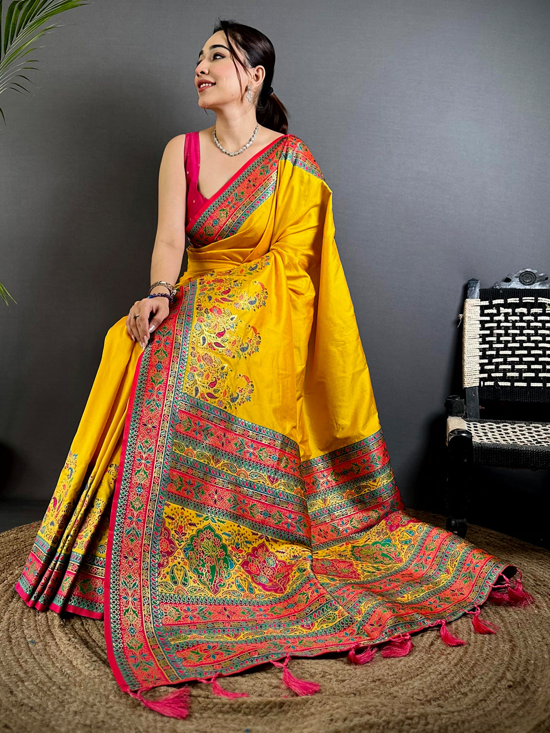 Yellow Kashmiri Pashmina Semi Silk Saree