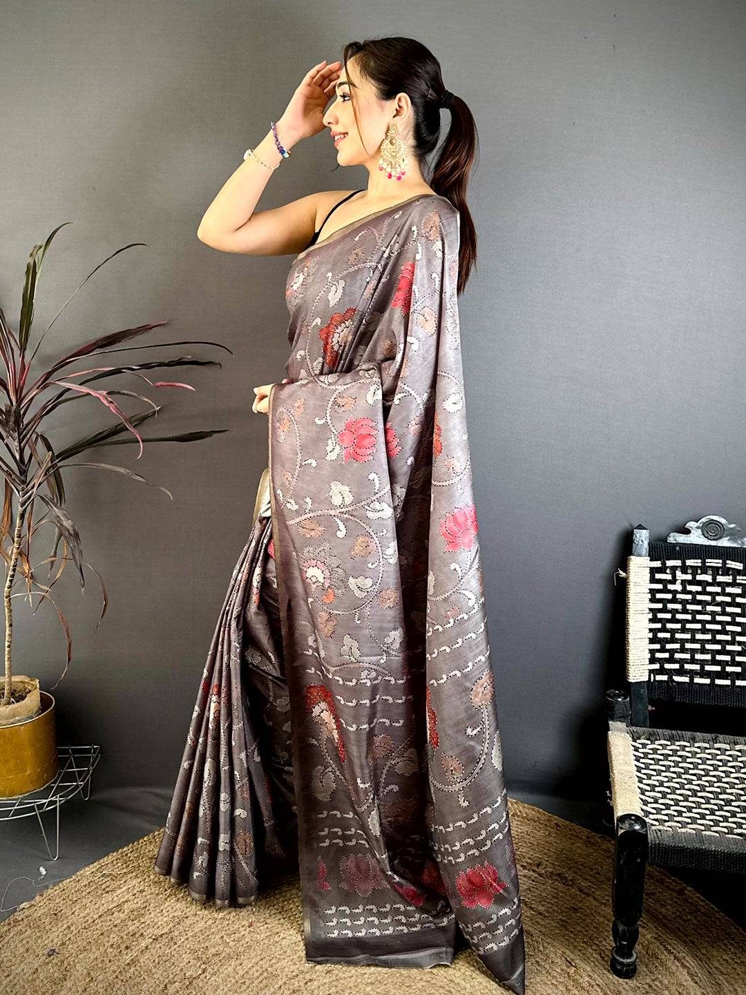 Taupe Brown Kalamkari Soft Zarna Silk Saree