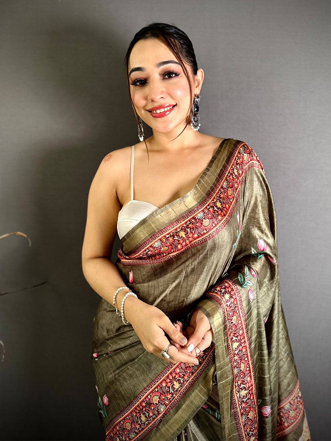 Exclusive Ghicha Silk Printed Tussar Saree