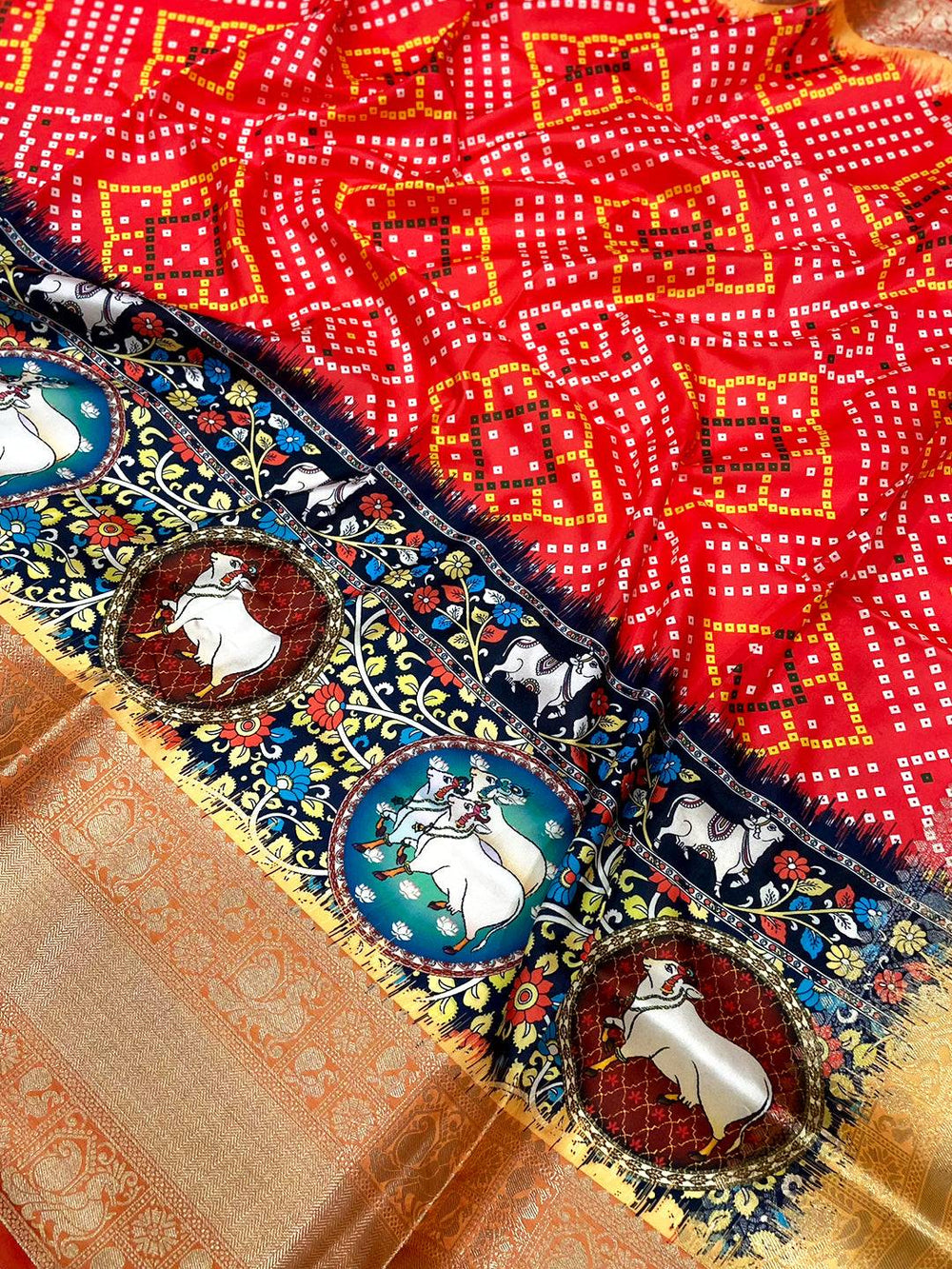 Red Bandhej Printed Banarasi Saree