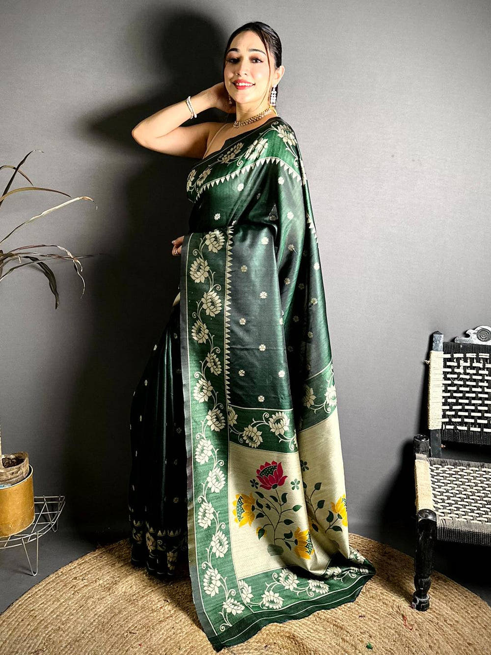 Green Katan Silk Thread Work Saree