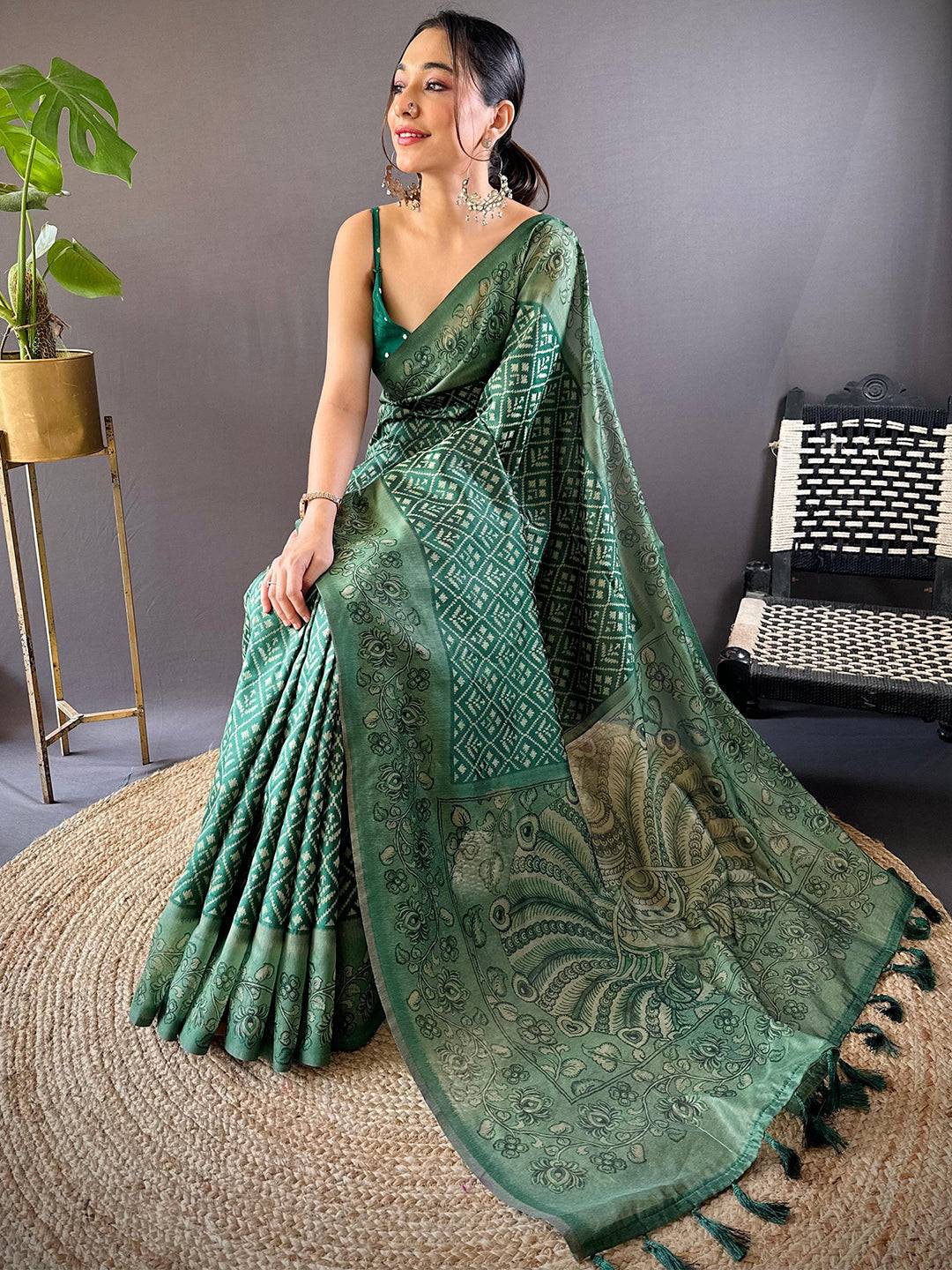 Bottle Green Patola Kalamkari Saree