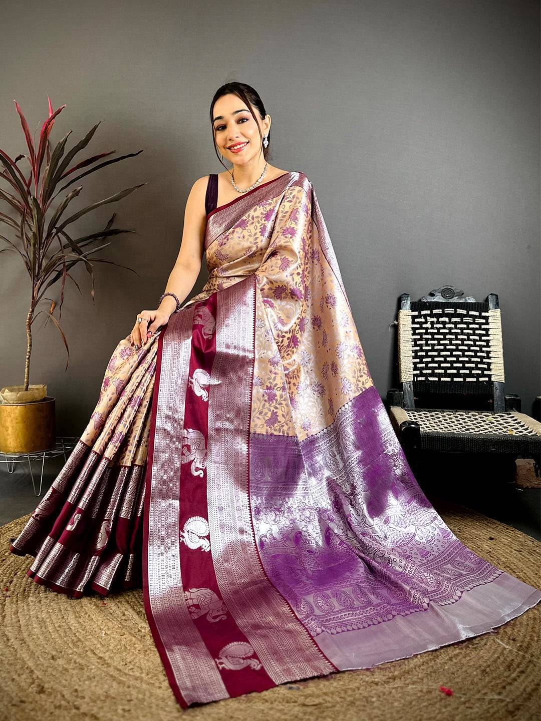 Beige Dharmavaram Double Ikkat Saree