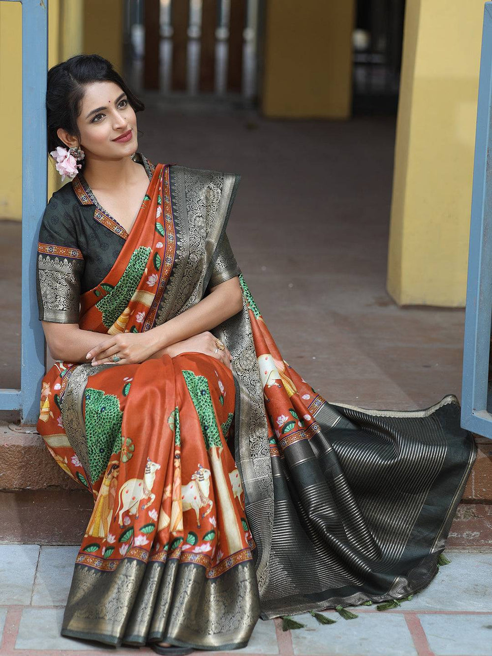 Pichwai Print Zari Weaving Pallu Saree In Brown Colour