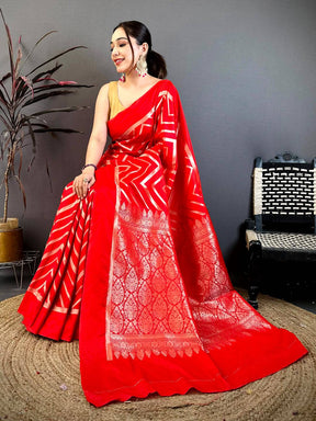 Red Geometric Zari Weave Banarasi Saree