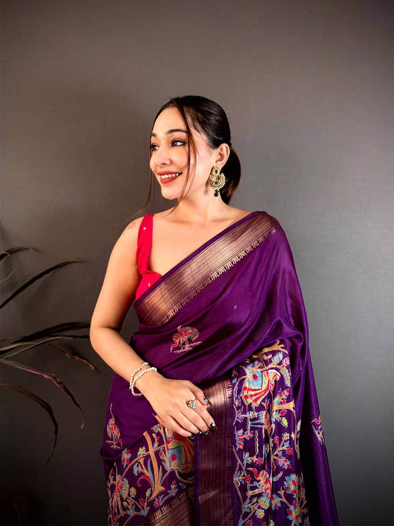 Dark Purple Shade Printed Dola Silk Saree