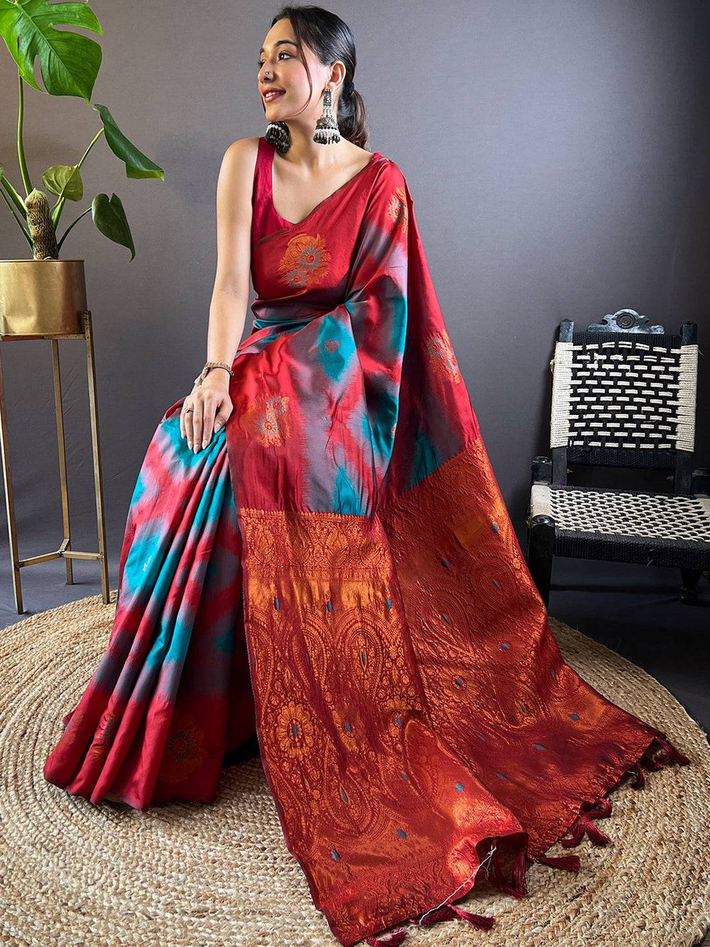 Semi Banarasi Tussar Silk Saree with vibrant Ikkat pattern