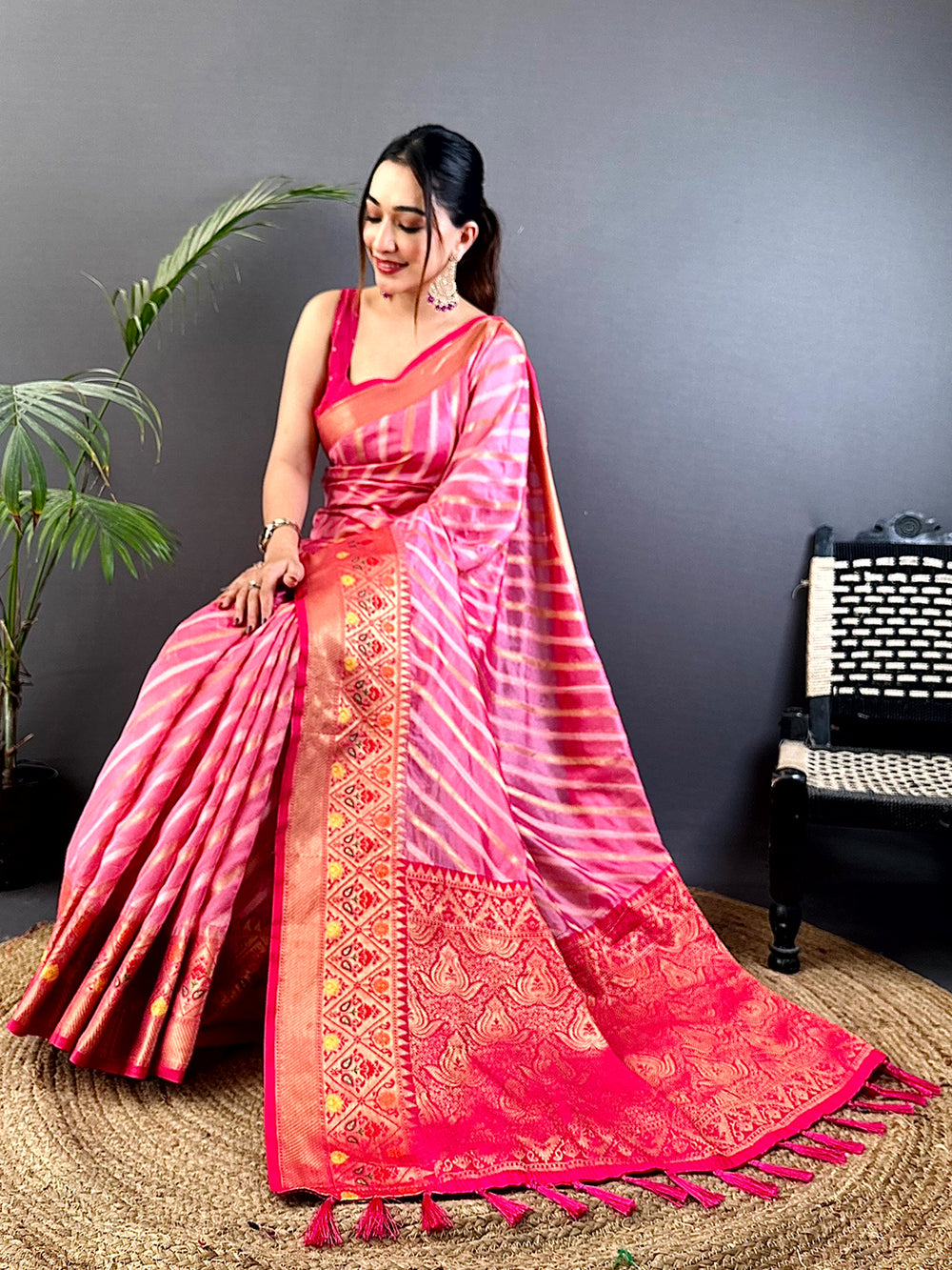 Baby Pink Banarasi Lehriya Katan Silk Saree