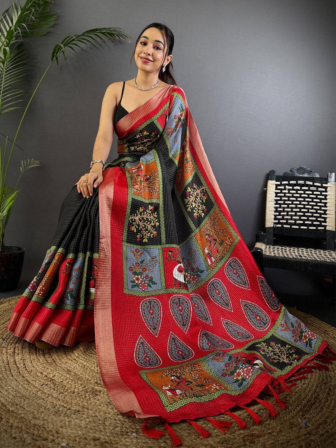 Black Tussar Kalalmkari Print Saree

