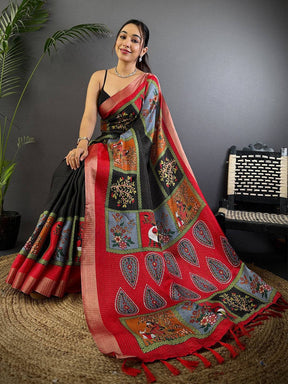 Black Tussar Kalalmkari Print Saree

